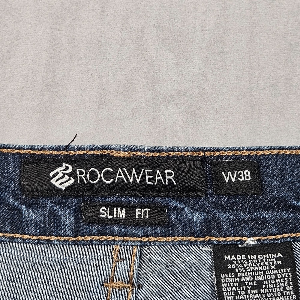 Rocawear Jeans Mens 38x28 Slim Fit Dark Wash Embroidered Pocket Streetwear Logo - Picture 2 of 12